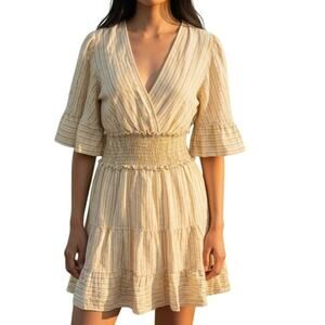 Max Studio Yellow Striped Smocked-Waist Dress Womens Medium Bell Sleeves Cotton